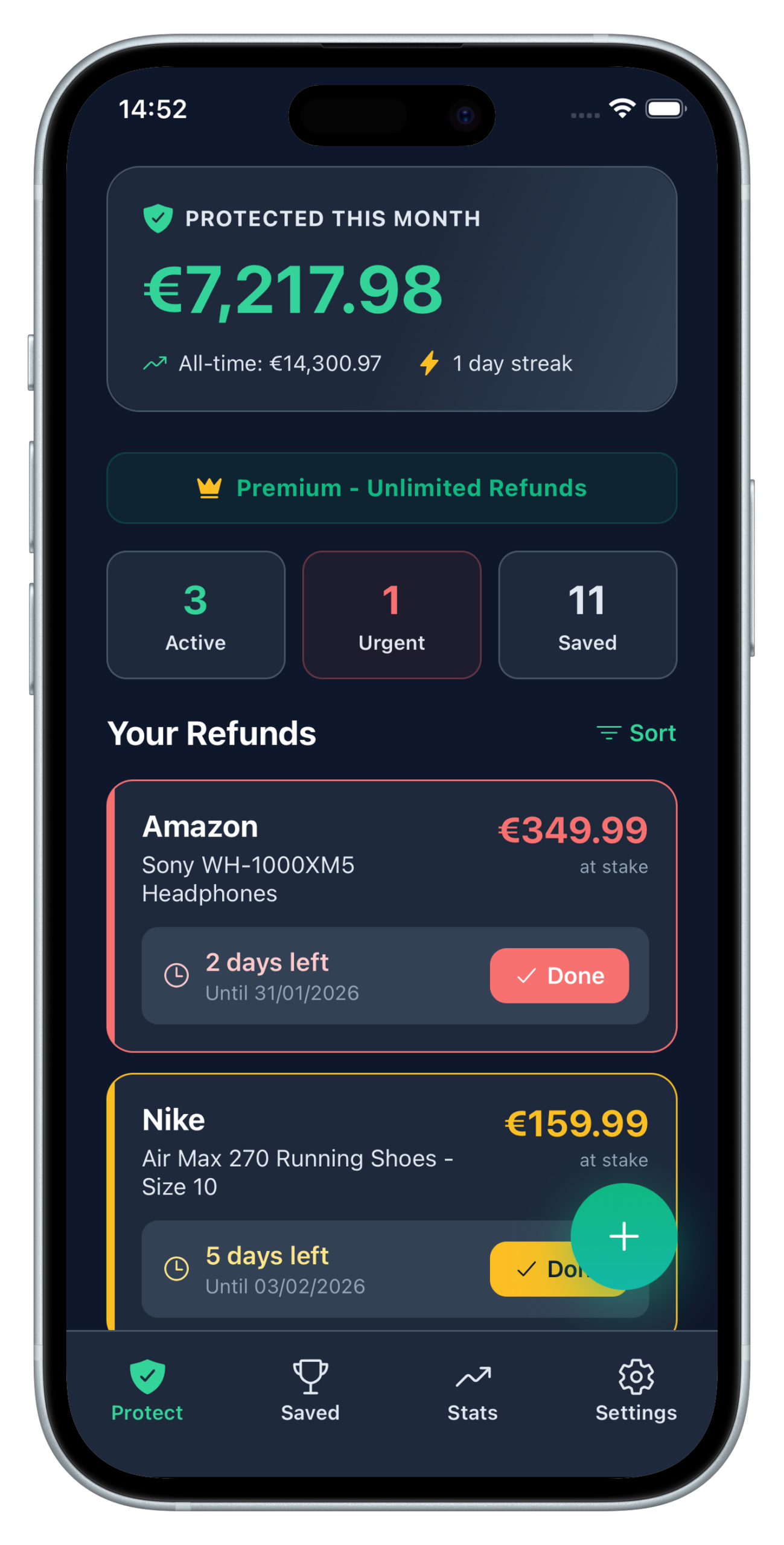 Refunto app dashboard interface